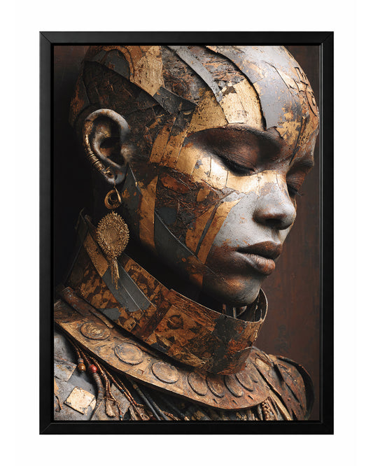 Textured portrait art of an African woman with closed eyes, layered bronze and gold metallic panels, and ornate jewelry.