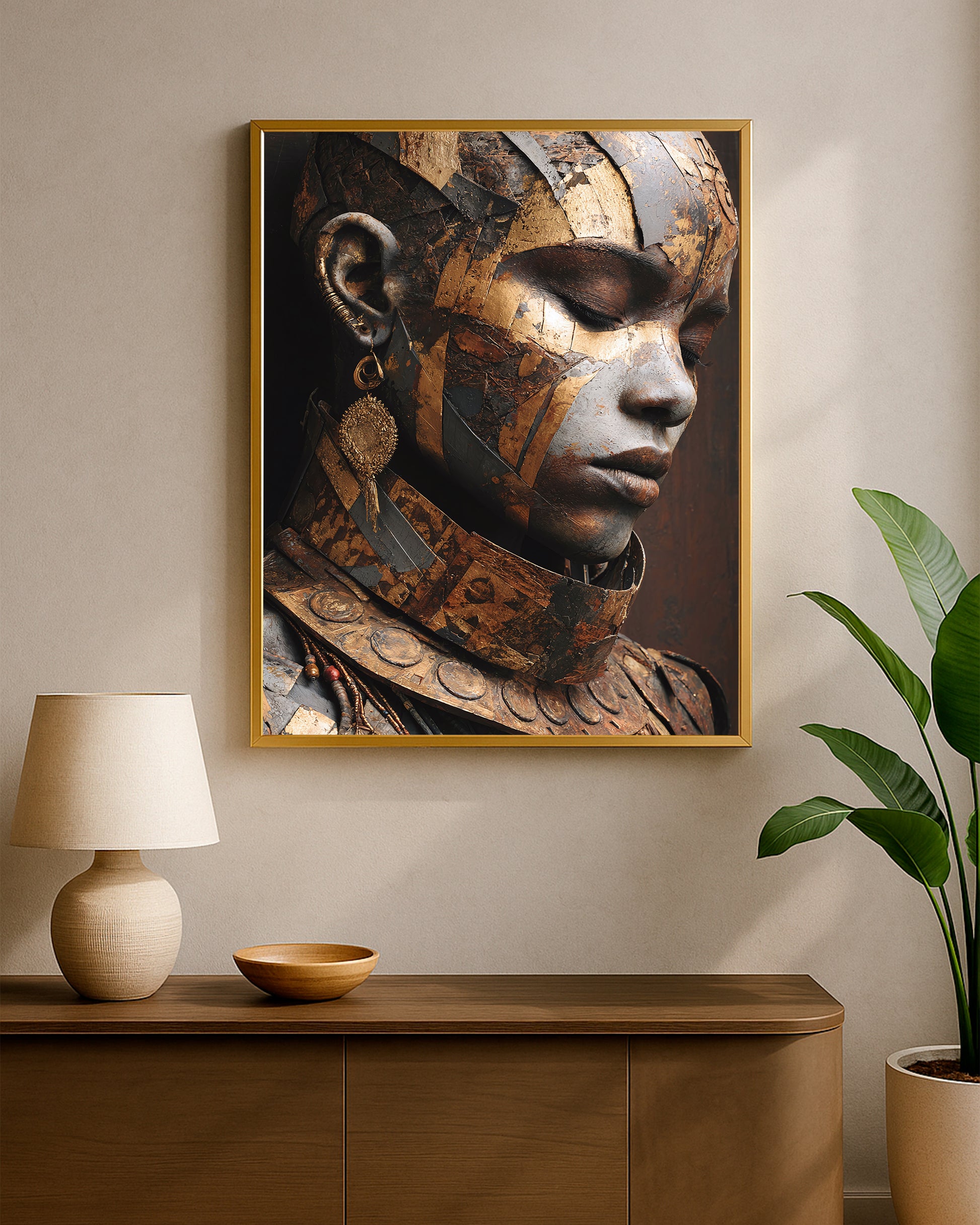 Editorial-style portrait artwork showing a woman with metallic layered facial details, rich earthy tones, and statement adornments.