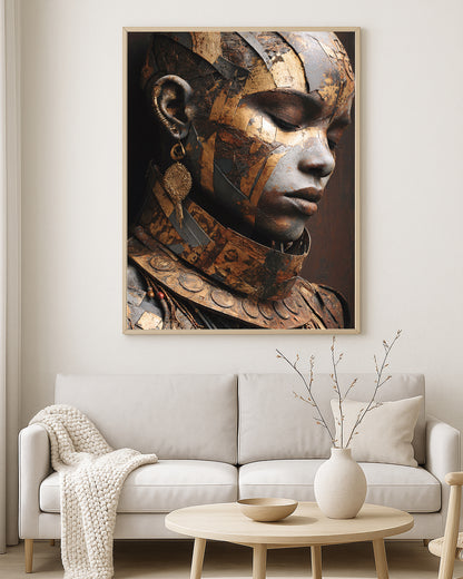 Mixed media portrait wall art featuring a woman with sculpted bronze, black, and gold textures against a dark warm background.