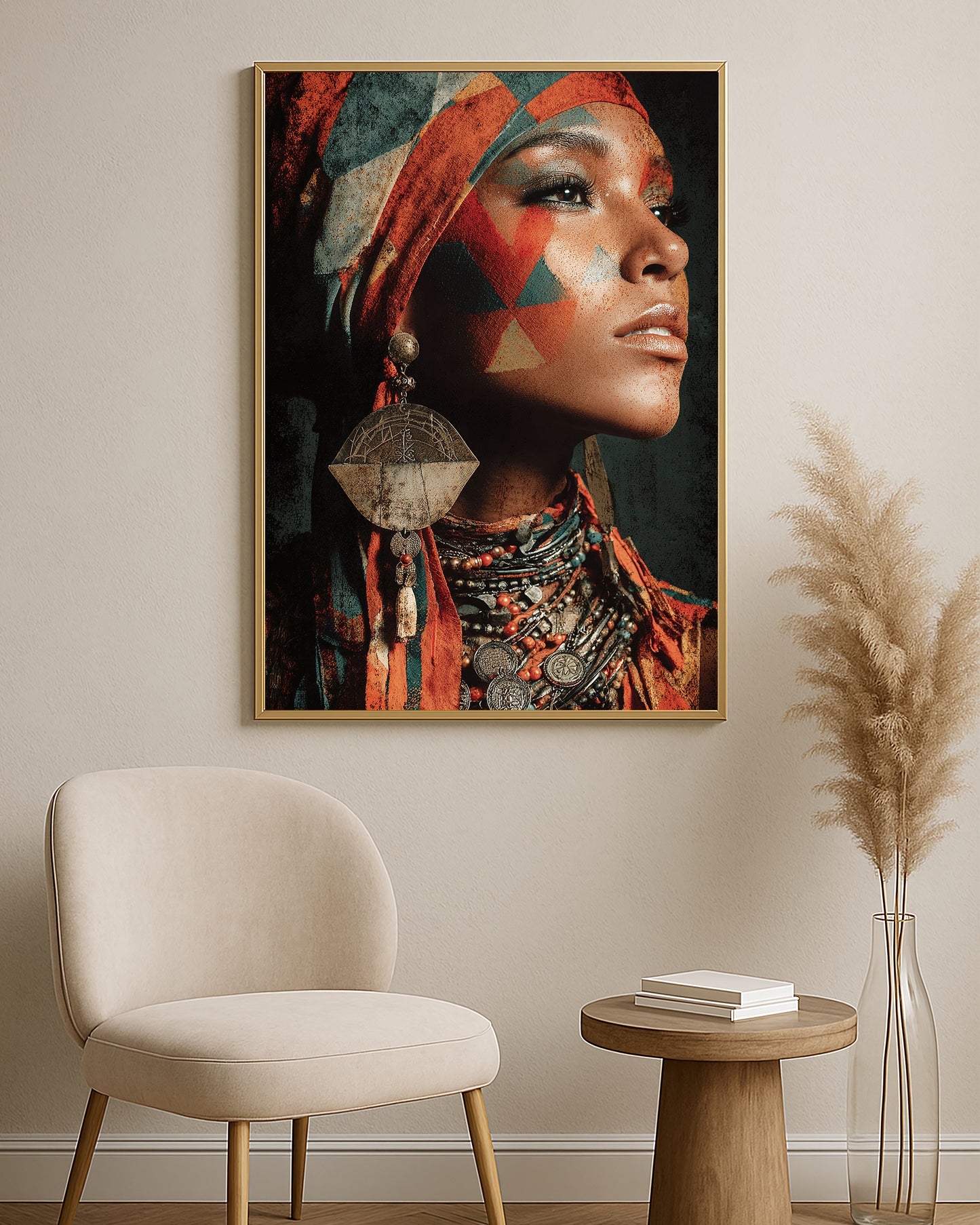 Dramatic female profile artwork featuring patterned headwrap, large statement earring, and layered bead details.