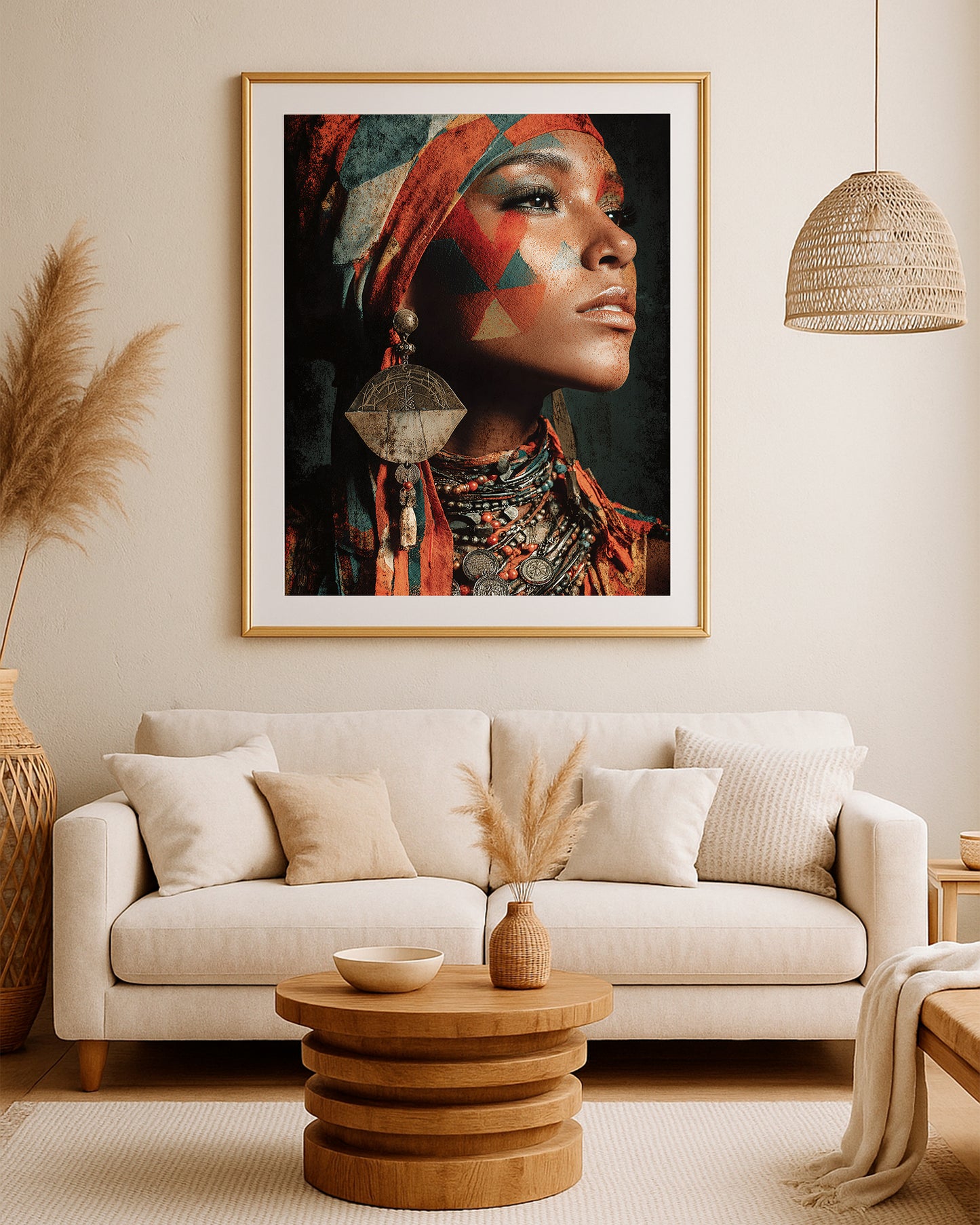 Teal terracotta portrait print showing a woman in side profile with bold facial markings and dark background.