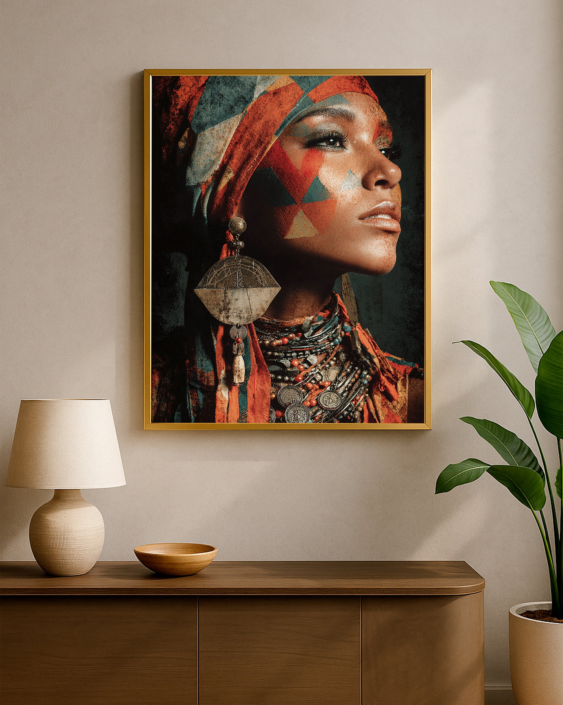 Editorial woman portrait wall art with textured surface, warm earthy colors, and detailed accessories.