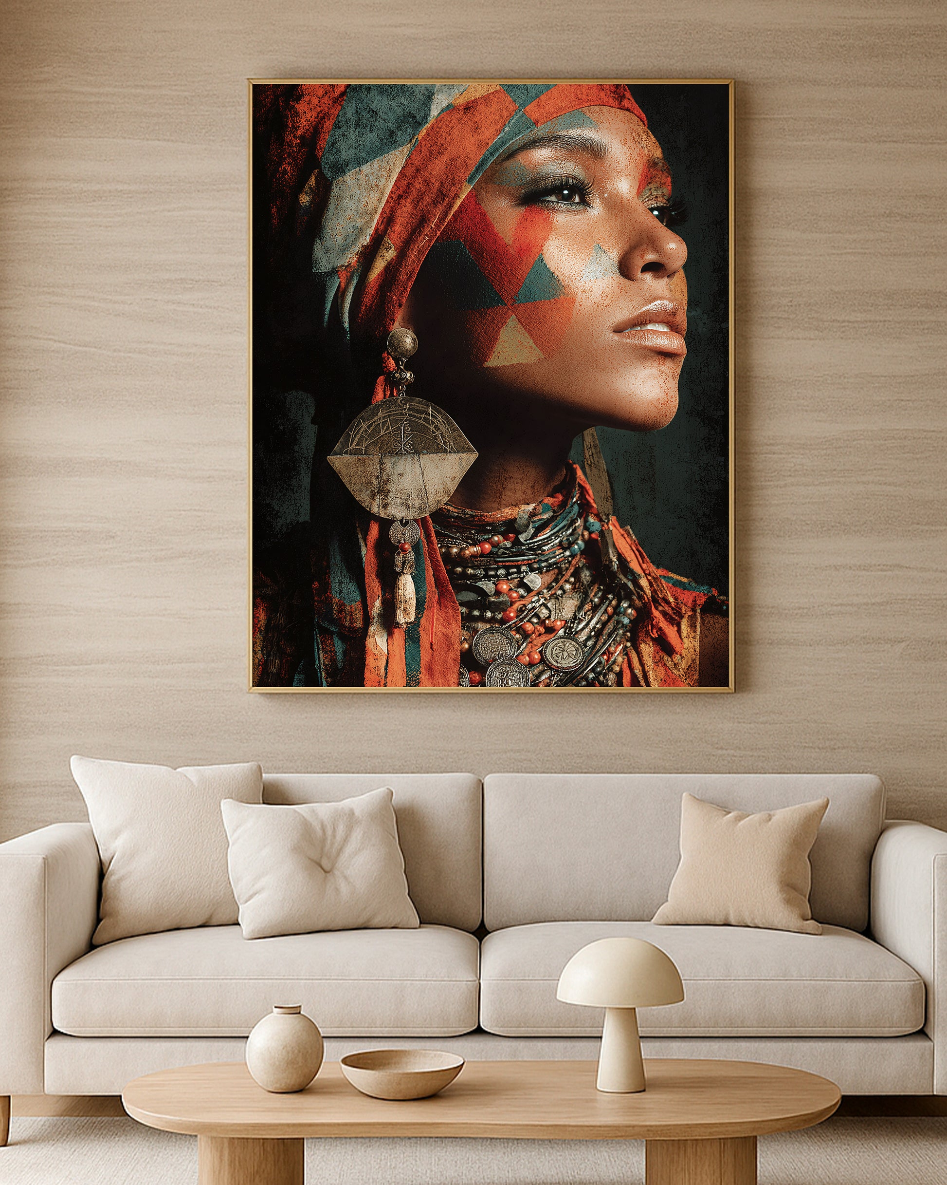 African-inspired profile portrait with red, teal, black, and gold tones, ornate jewelry, and strong contrast.