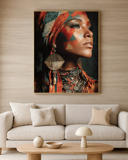 African-inspired profile portrait with red, teal, black, and gold tones, ornate jewelry, and strong contrast.