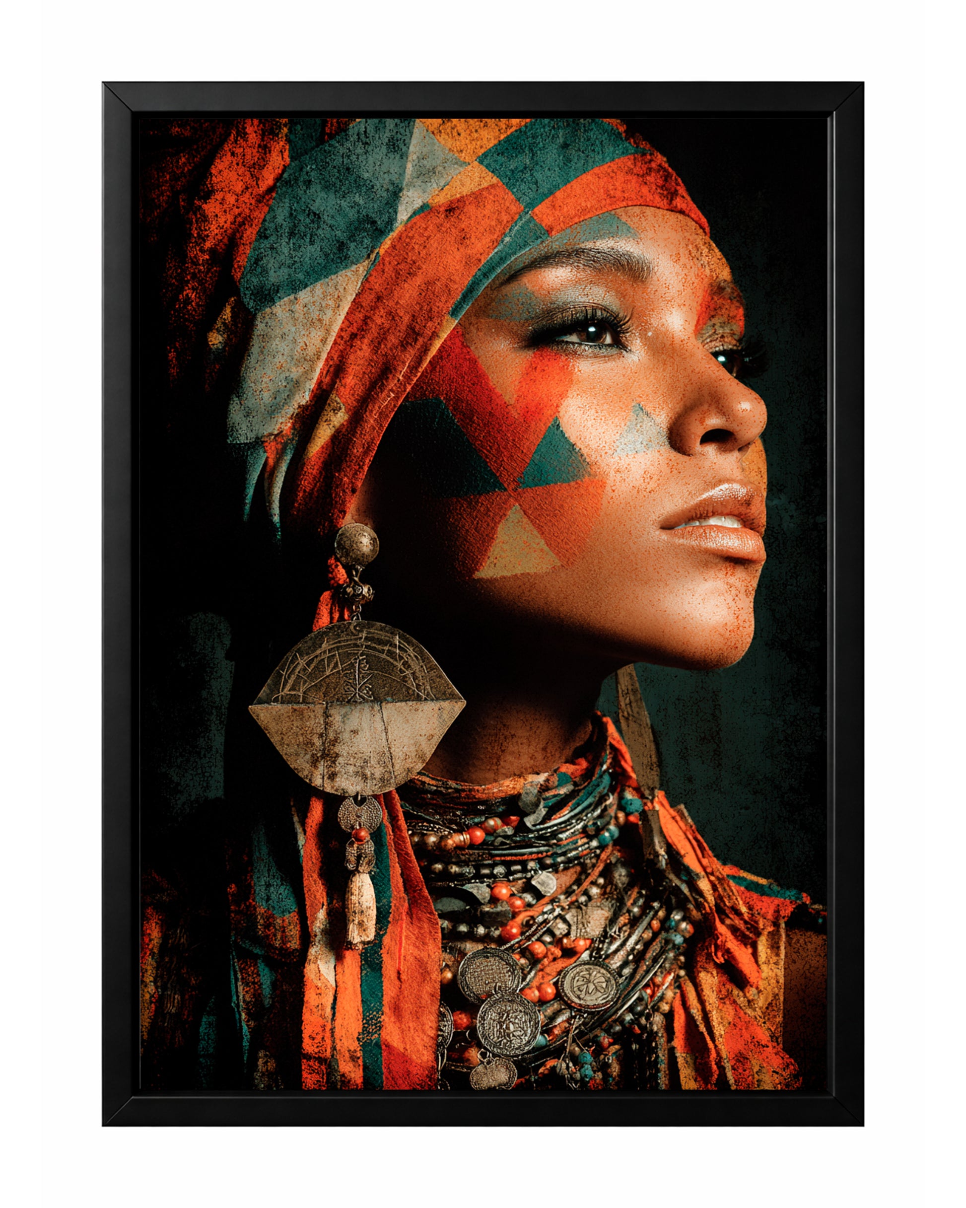 African-inspired woman portrait wall art with teal and terracotta face markings, headwrap, and ornate jewelry.