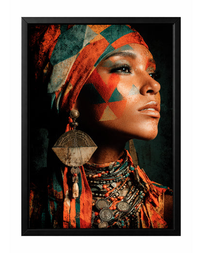 African-inspired woman portrait wall art with teal and terracotta face markings, headwrap, and ornate jewelry.