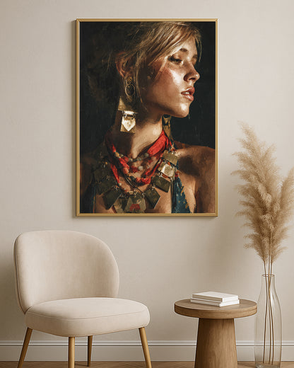 Close female portrait print with terracotta tones, teal accents, gold jewelry, and dramatic side profile lighting.