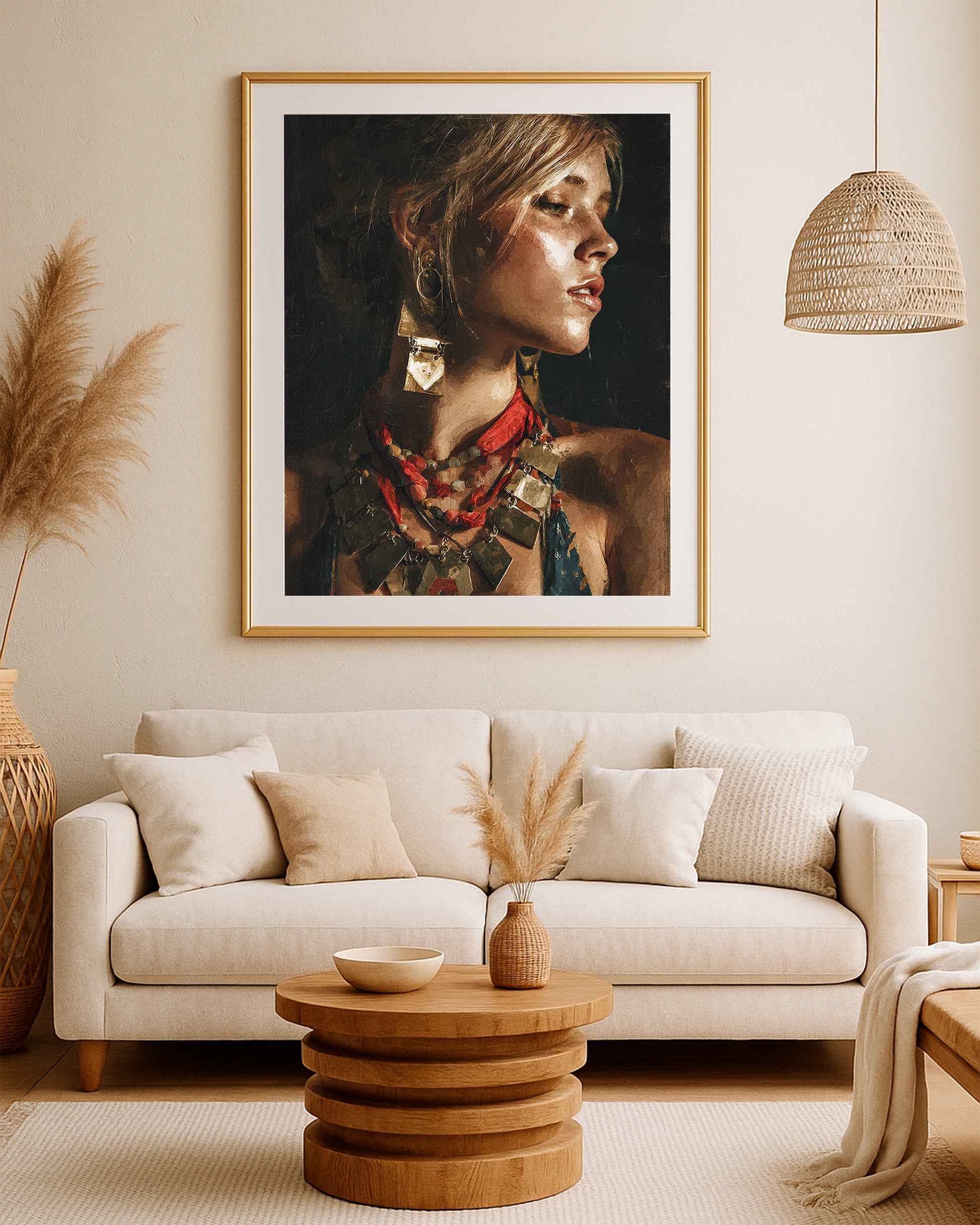 Modern woman portrait artwork featuring warm shadows, statement earrings, textured surface, and rich earthy colors.