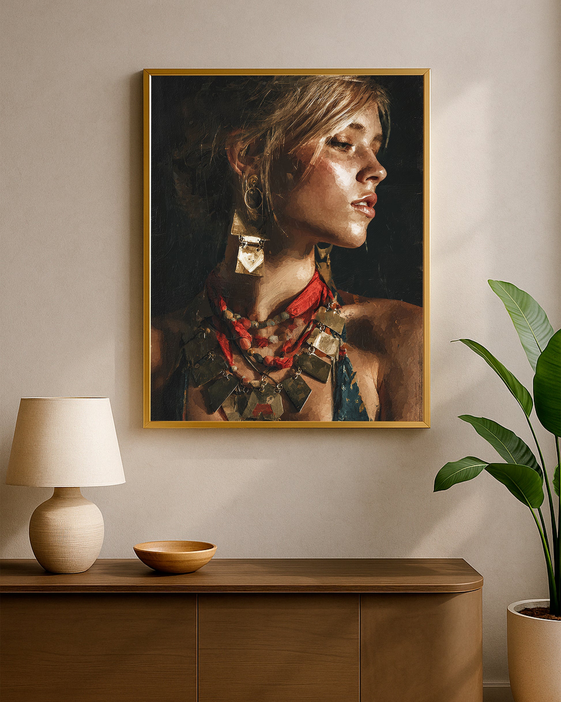 Editorial female side profile wall art with gold accessories, red scarf detail, and bold dark contrast.