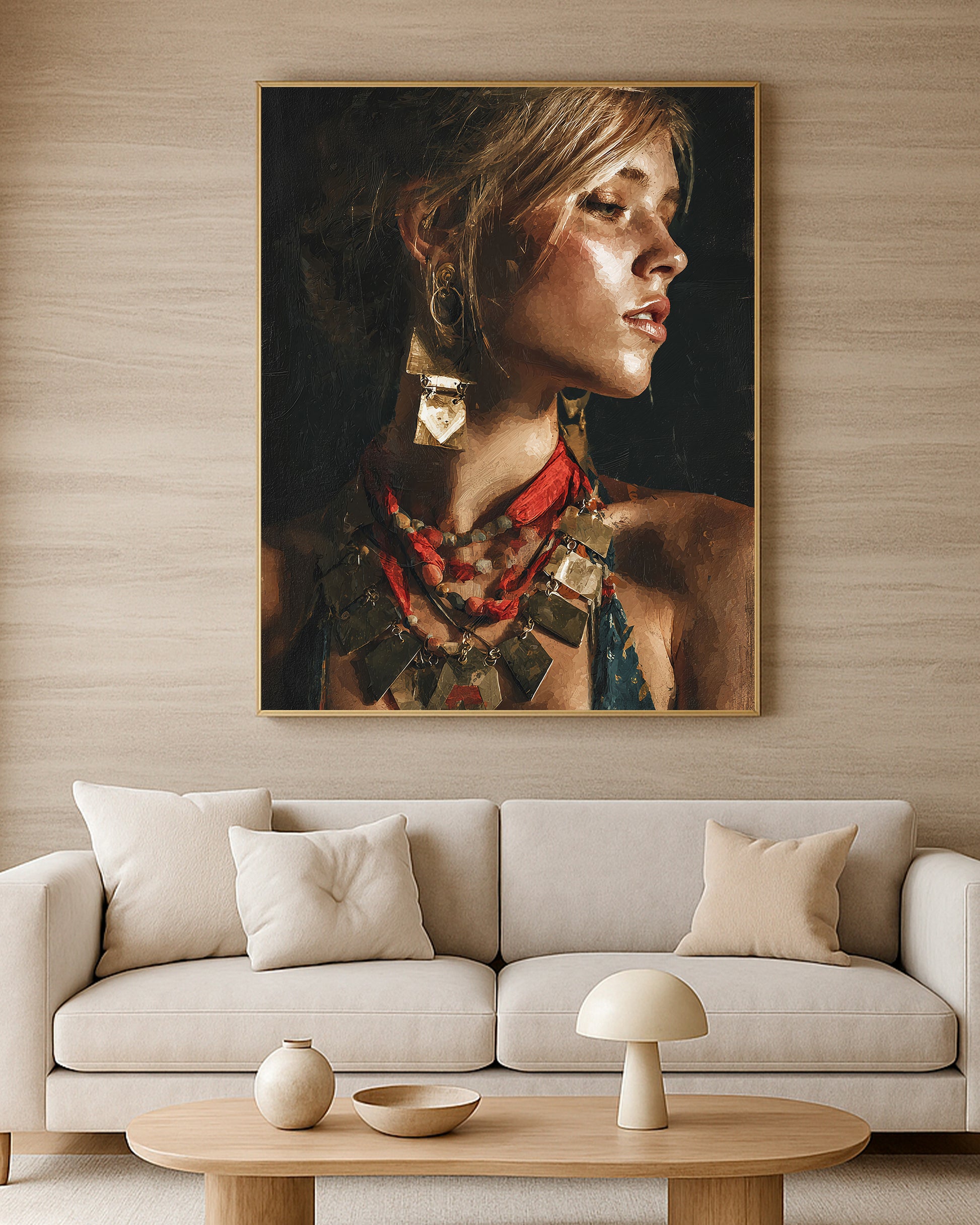 Refined warm portrait artwork showing a woman with geometric jewelry, golden light, and textured painterly detail.