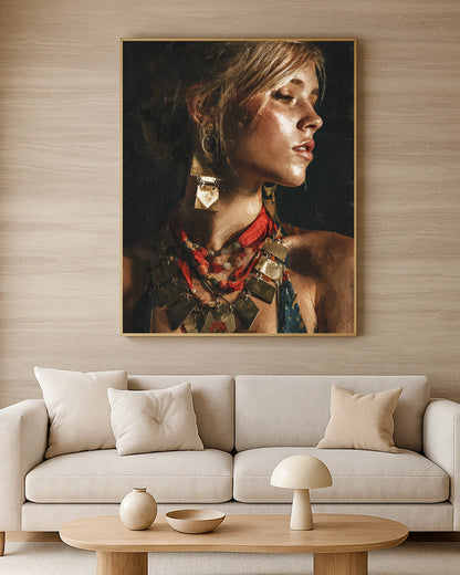 Refined warm portrait artwork showing a woman with geometric jewelry, golden light, and textured painterly detail.