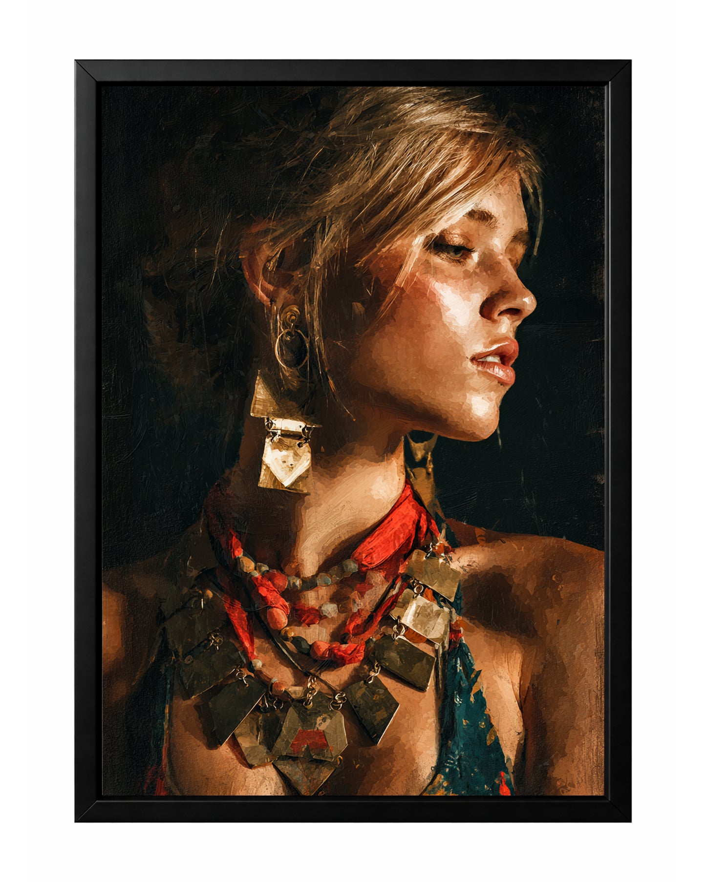 Warm editorial woman portrait wall art with golden light, geometric earrings, layered jewelry, and dark background.