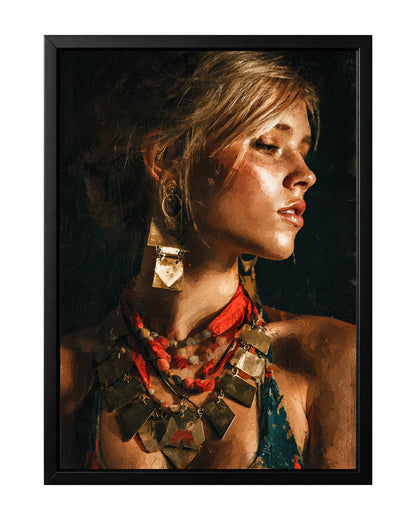 Warm editorial woman portrait wall art with golden light, geometric earrings, layered jewelry, and dark background.