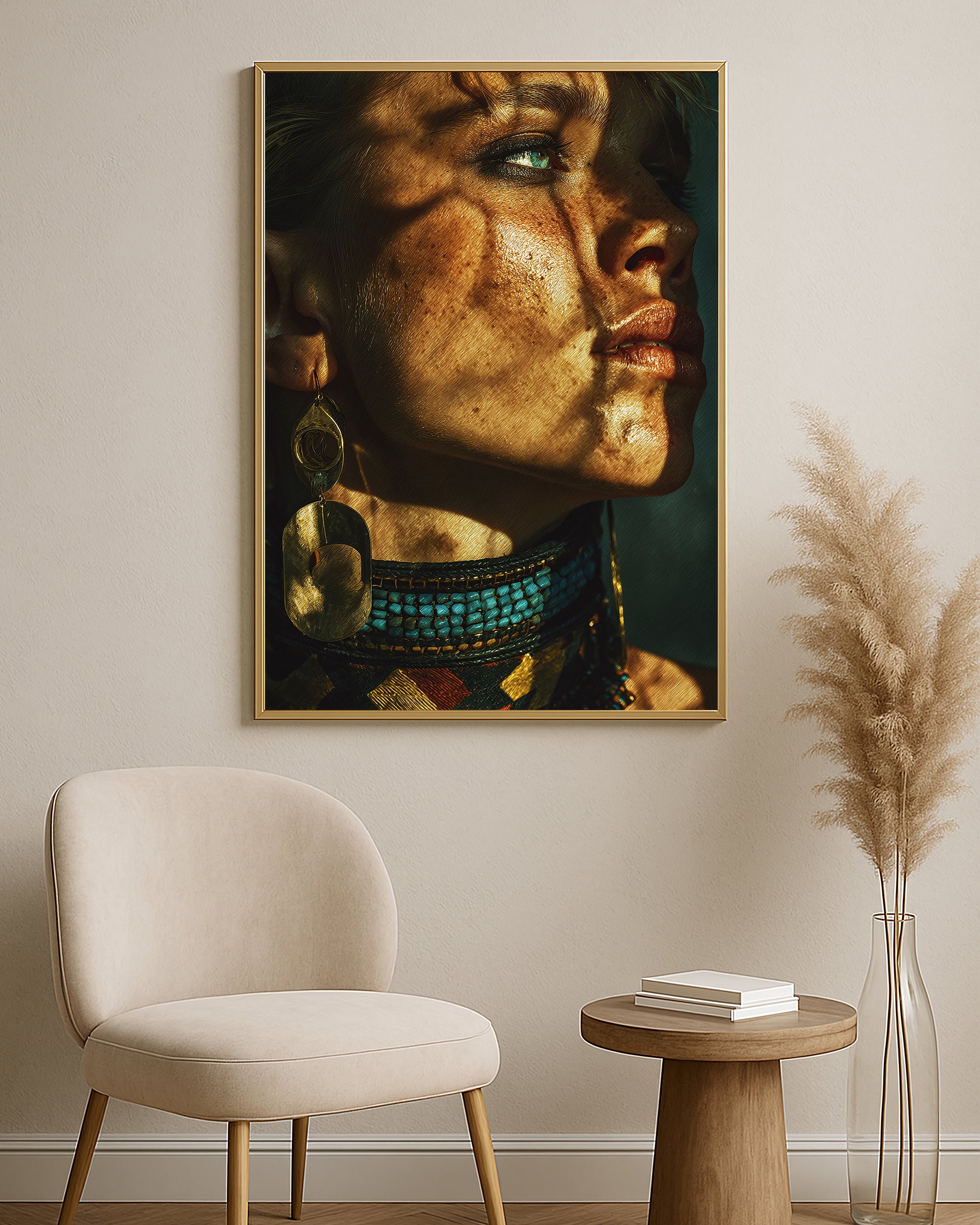 Close-up female side profile portrait with rich brown skin tones, metallic jewelry, and dramatic warm shadows.
