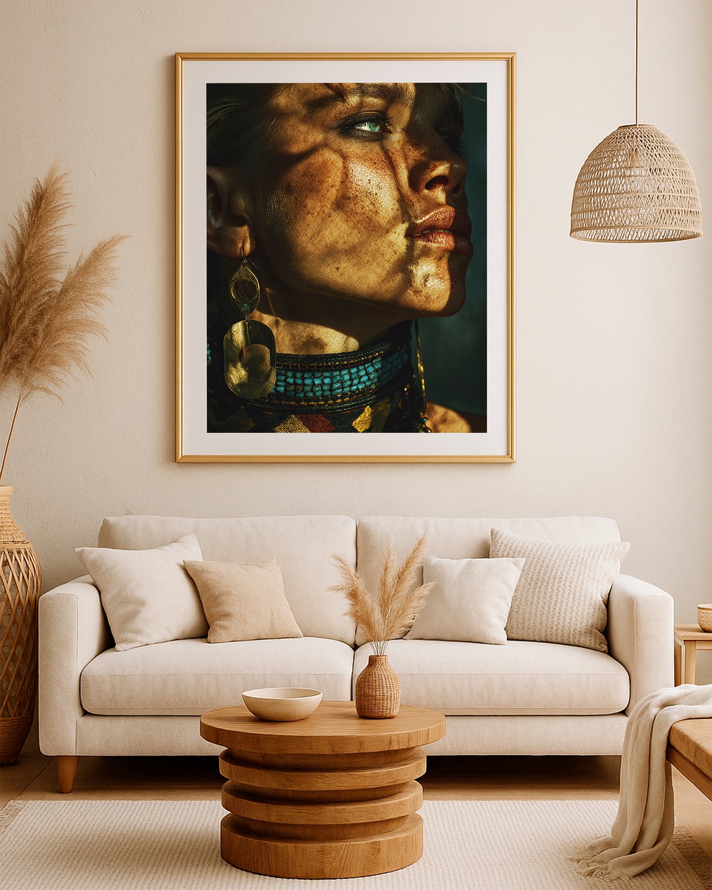 Editorial woman portrait print featuring teal and gold accessories, glossy skin texture, and moody dark backdrop.
