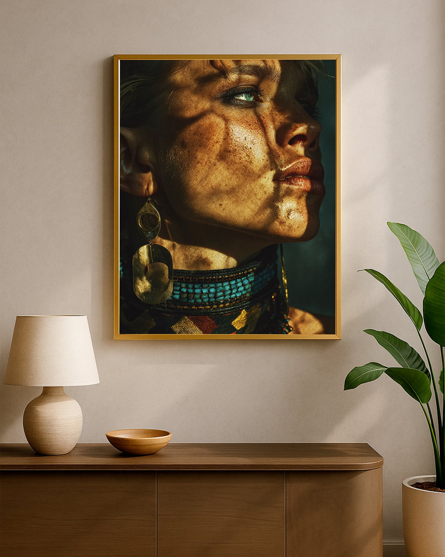 Refined profile wall art showing a woman with oversized gold earrings, teal necklace, and cinematic lighting.