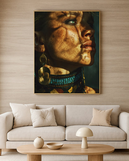 Warm dramatic female portrait artwork with side profile composition, deep shadows, and earthy gold-teal details.