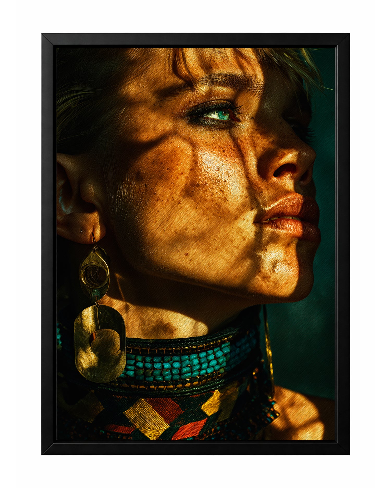 Warm woman profile wall art with golden light, teal beaded jewelry, large gold earrings, and dark green background.