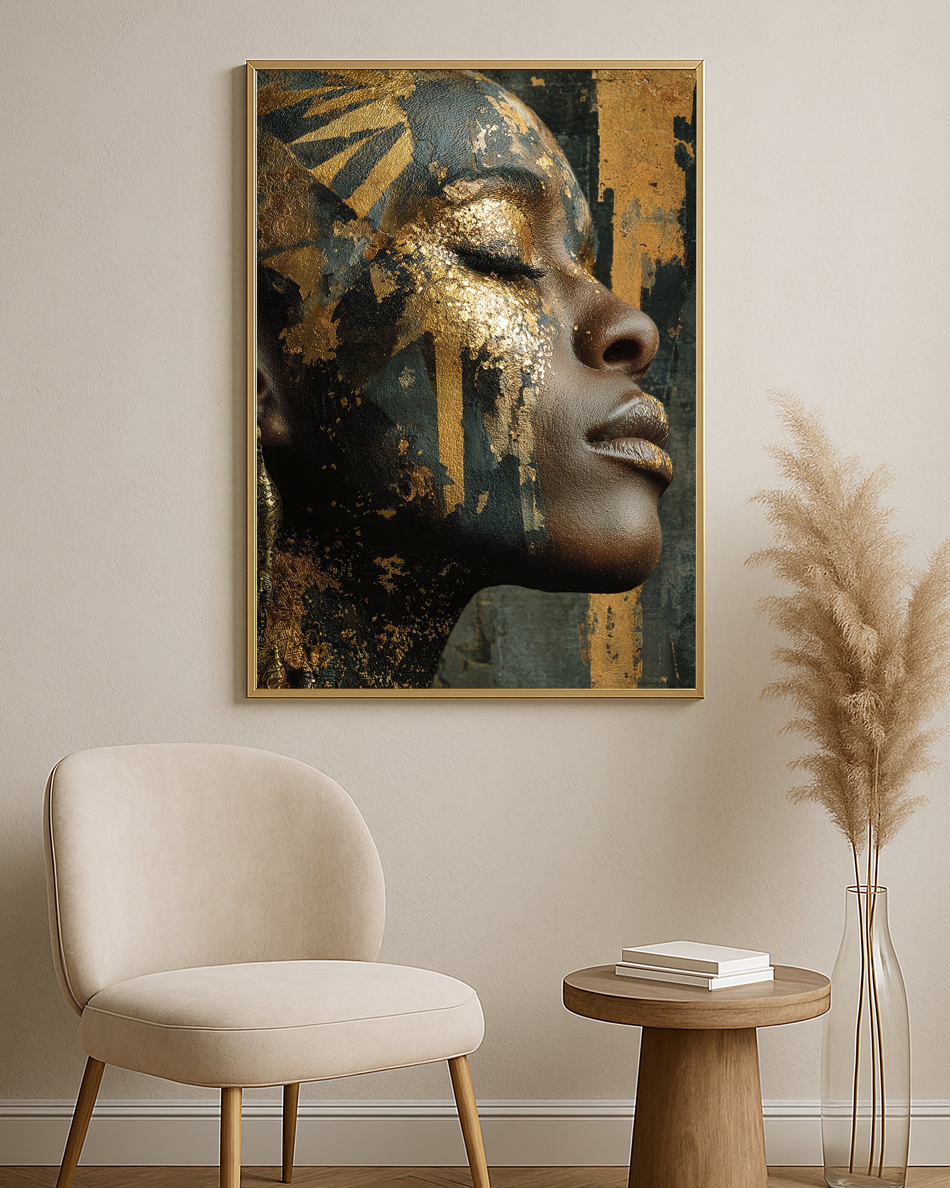 Dramatic side profile woman wall art with black, gold, and dark green tones in a luxury portrait style.