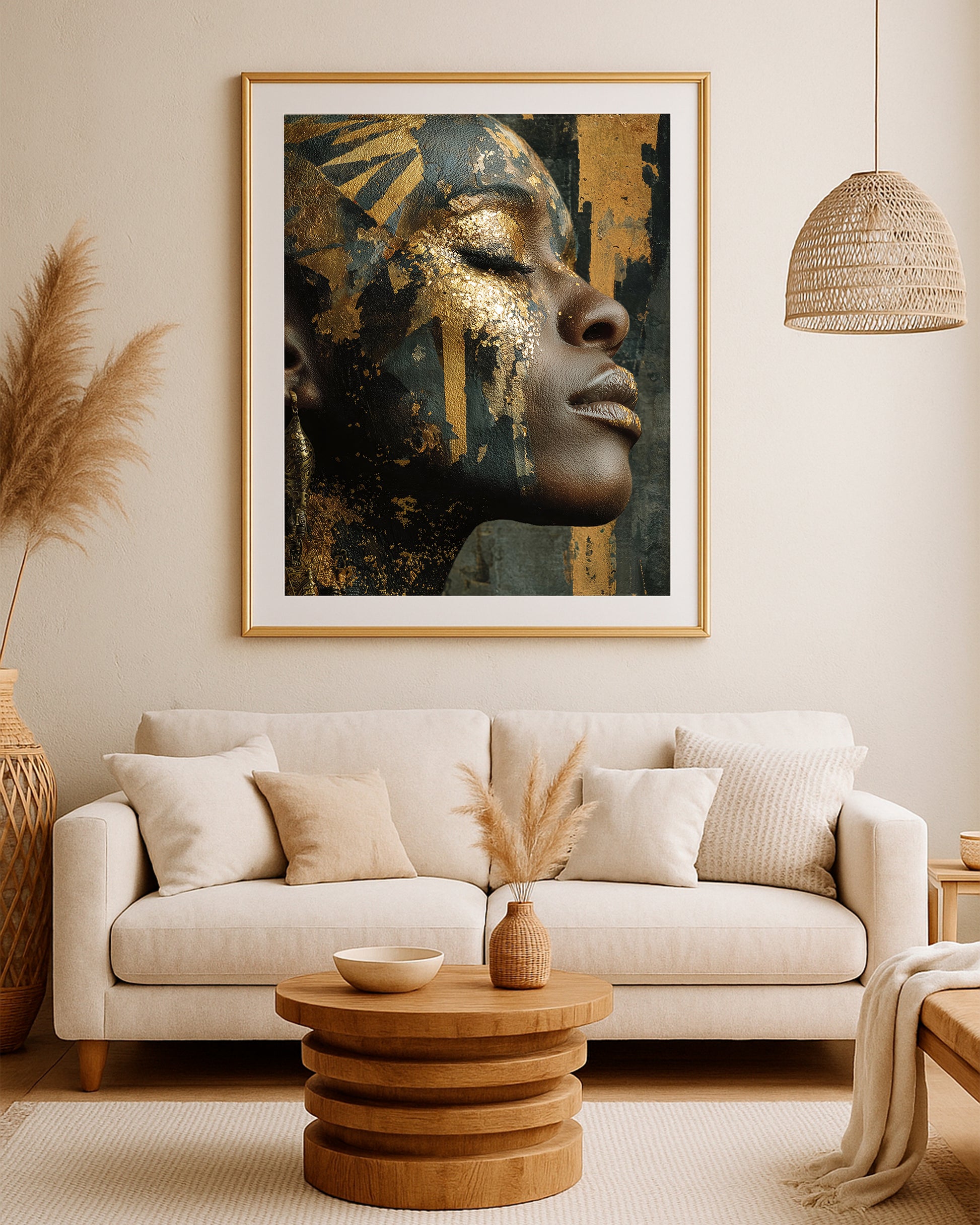 Close-up female profile artwork featuring reflective gold accents, dark painted texture, and moody contrast.
