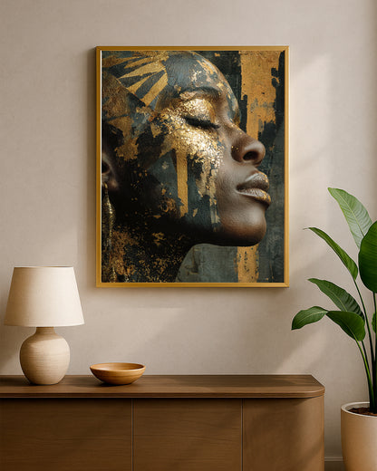 Elegant gold portrait print showing a woman in profile with metallic facial detail and deep black-green background.