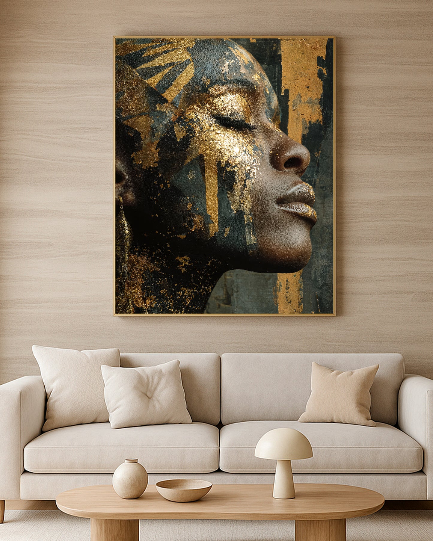 Luxury African-inspired woman portrait with gold texture, closed eye, dark abstract backdrop, and refined profile view.