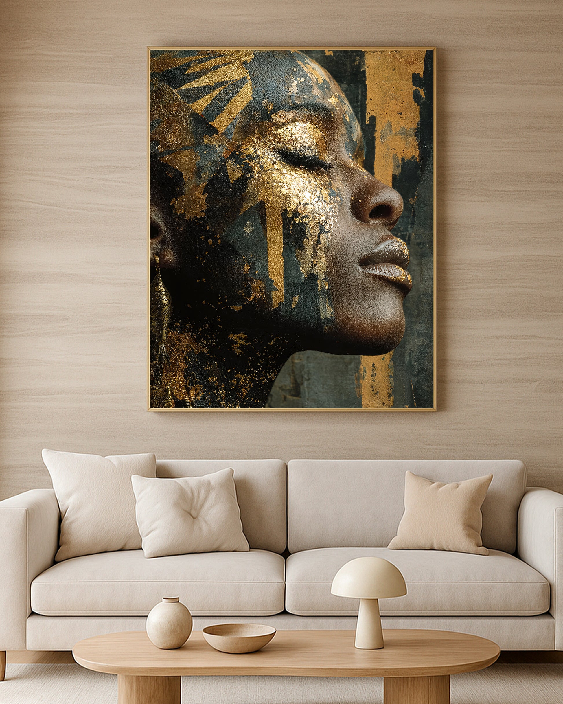 Luxury African-inspired woman portrait with gold texture, closed eye, dark abstract backdrop, and refined profile view.