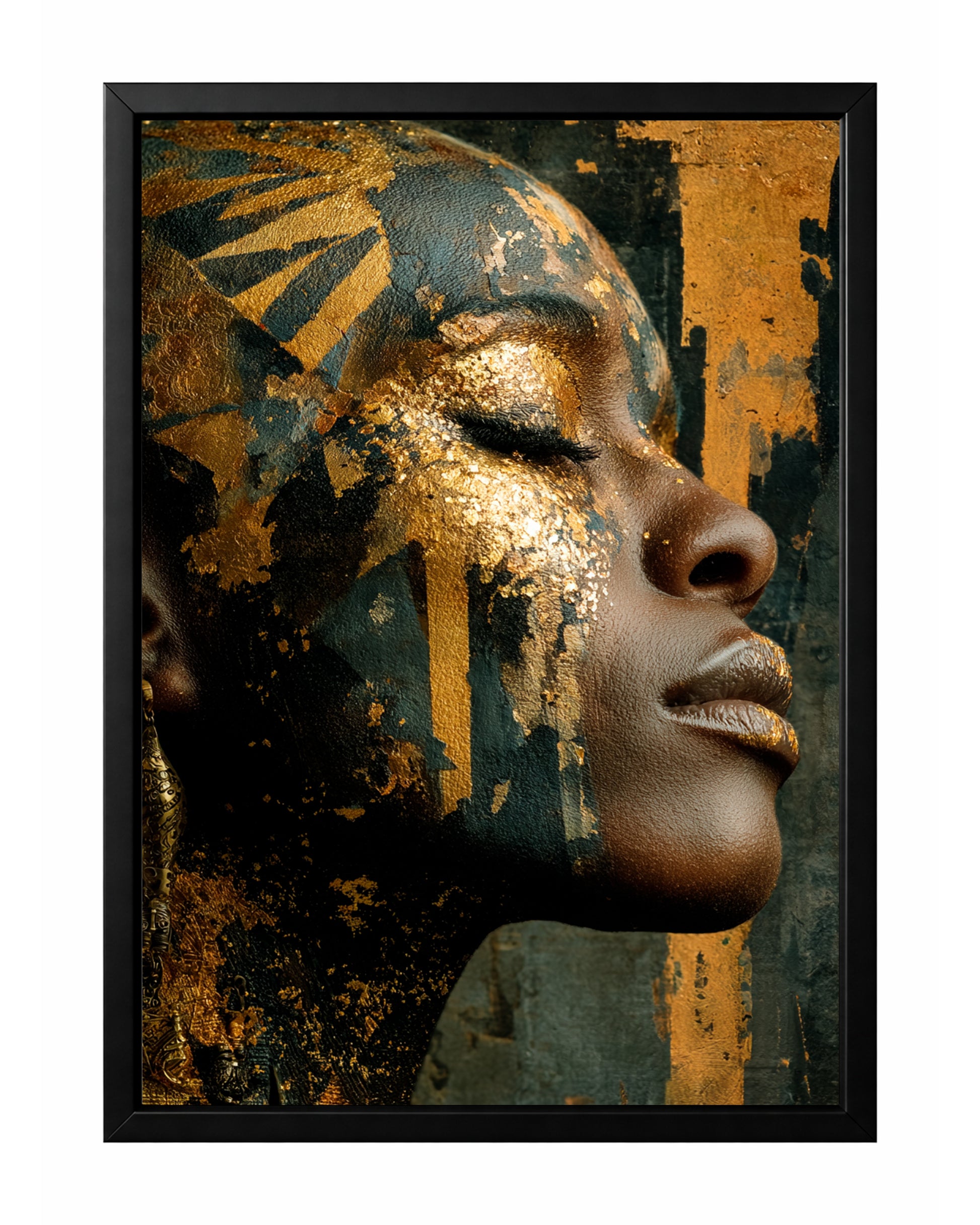 Gold African-inspired woman profile portrait with metallic face texture and dark green abstract background.