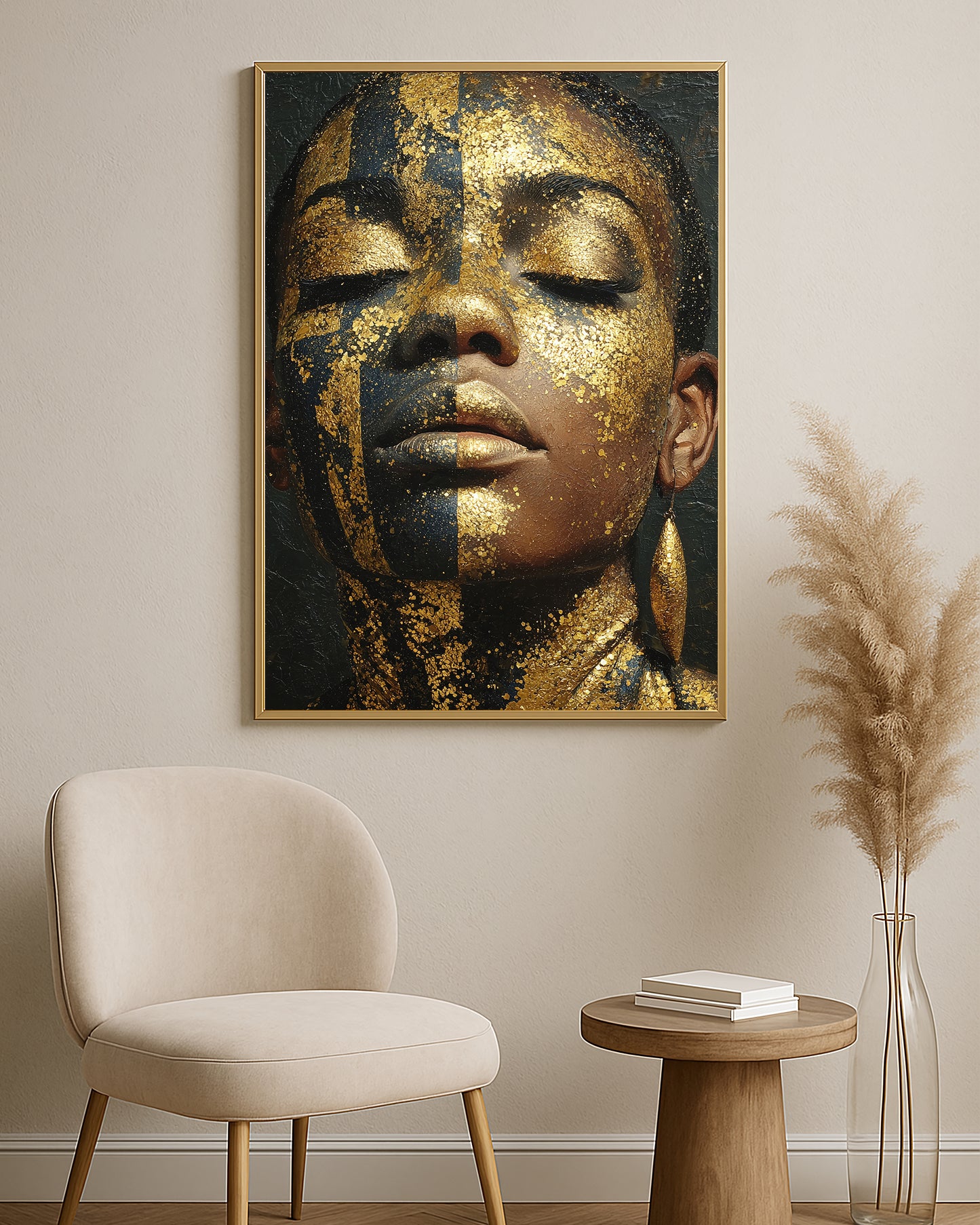 Dramatic female portrait wall art featuring gold facial accents, black painted details, and warm skin tones.