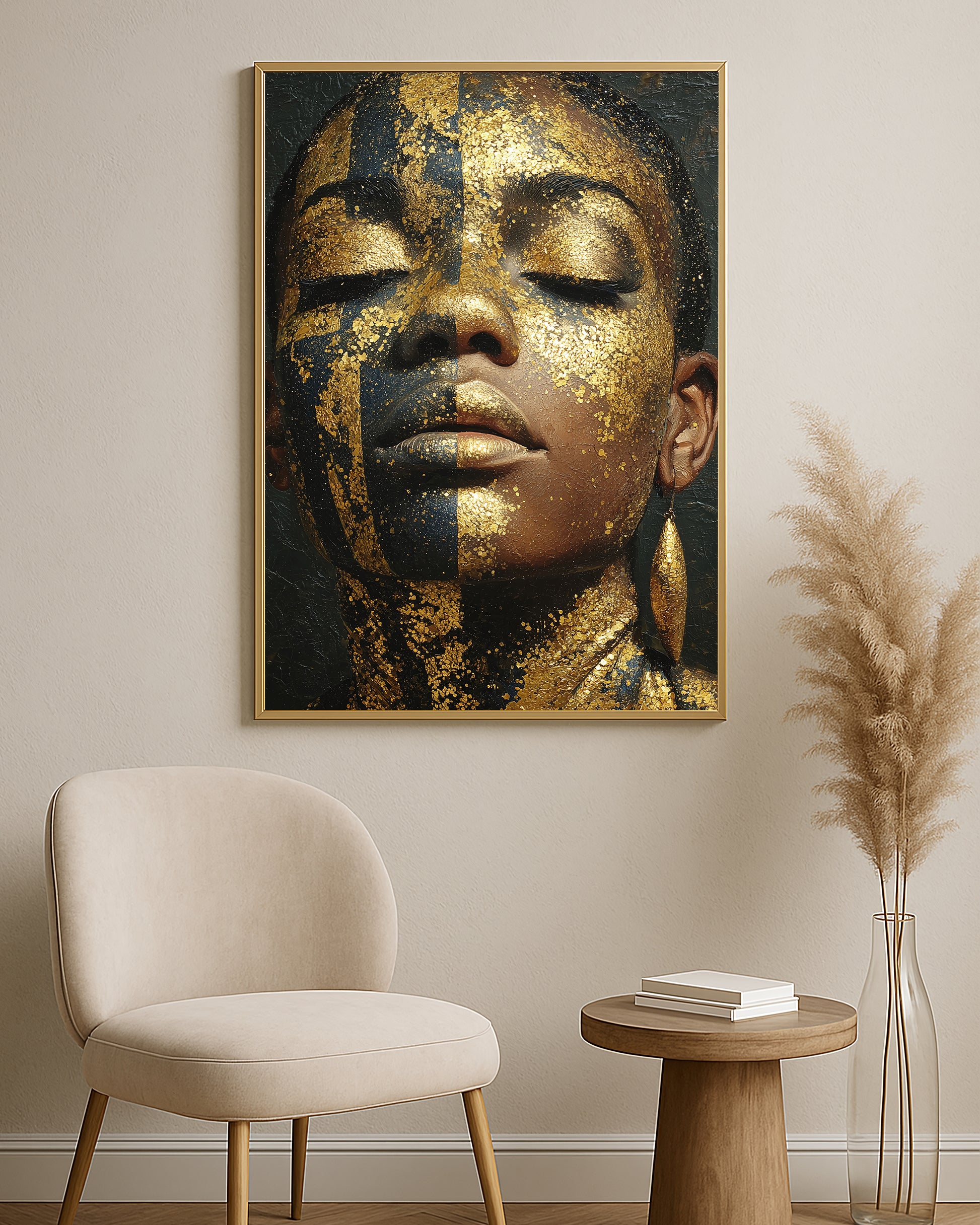 Dramatic female portrait wall art featuring gold facial accents, black painted details, and warm skin tones.