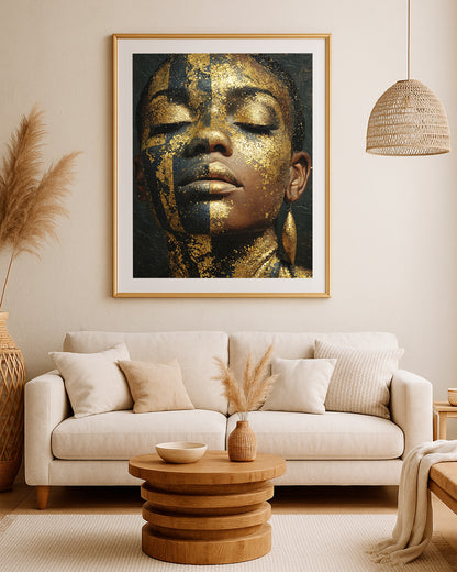 Luxury black gold portrait print showing a serene woman with closed eyes and textured metallic highlights.