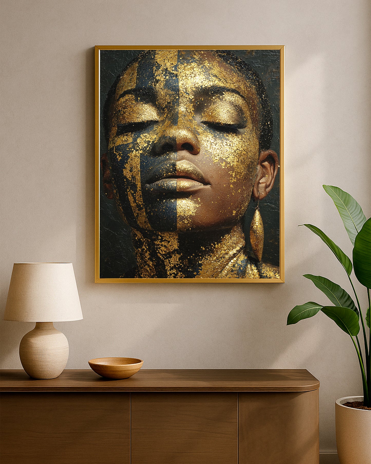 African-inspired woman artwork with gold face texture, dark moody background, and refined close-up composition.