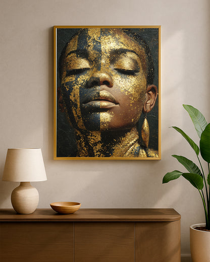 African-inspired woman artwork with gold face texture, dark moody background, and refined close-up composition.