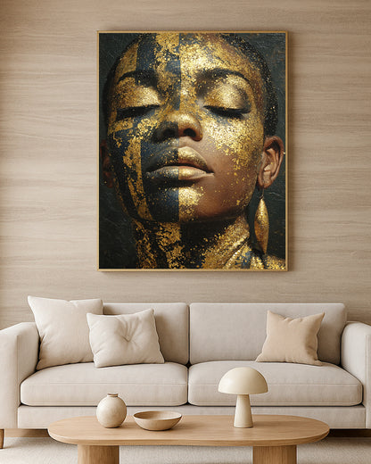 Elegant woman portrait wall art with black and gold facial pattern, metallic earring, and dramatic fine art styling.
