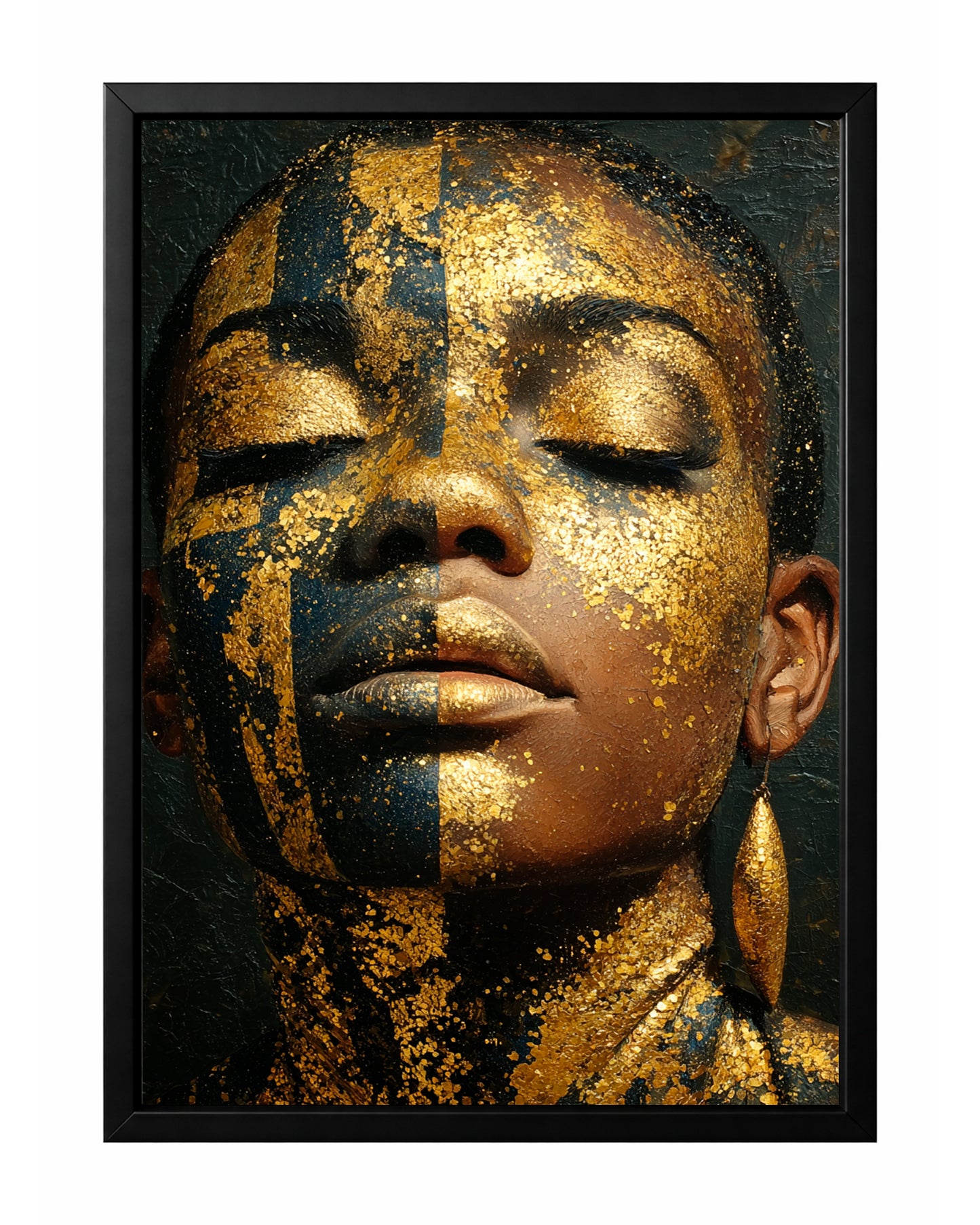Black and gold African-inspired woman portrait with closed eyes, metallic face texture, and dark abstract background.