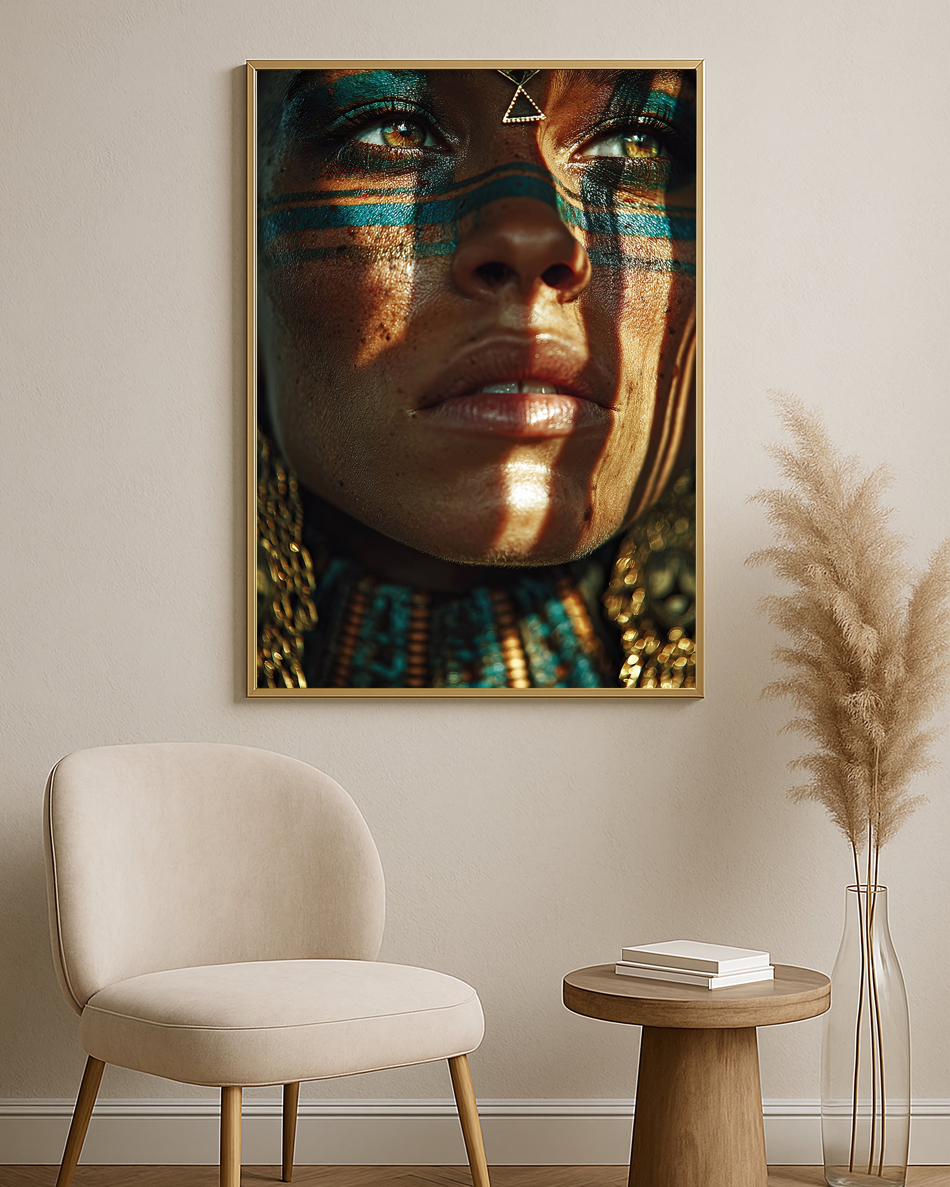 Dramatic female portrait artwork featuring turquoise facial markings, gold accessories, and strong light contrast.