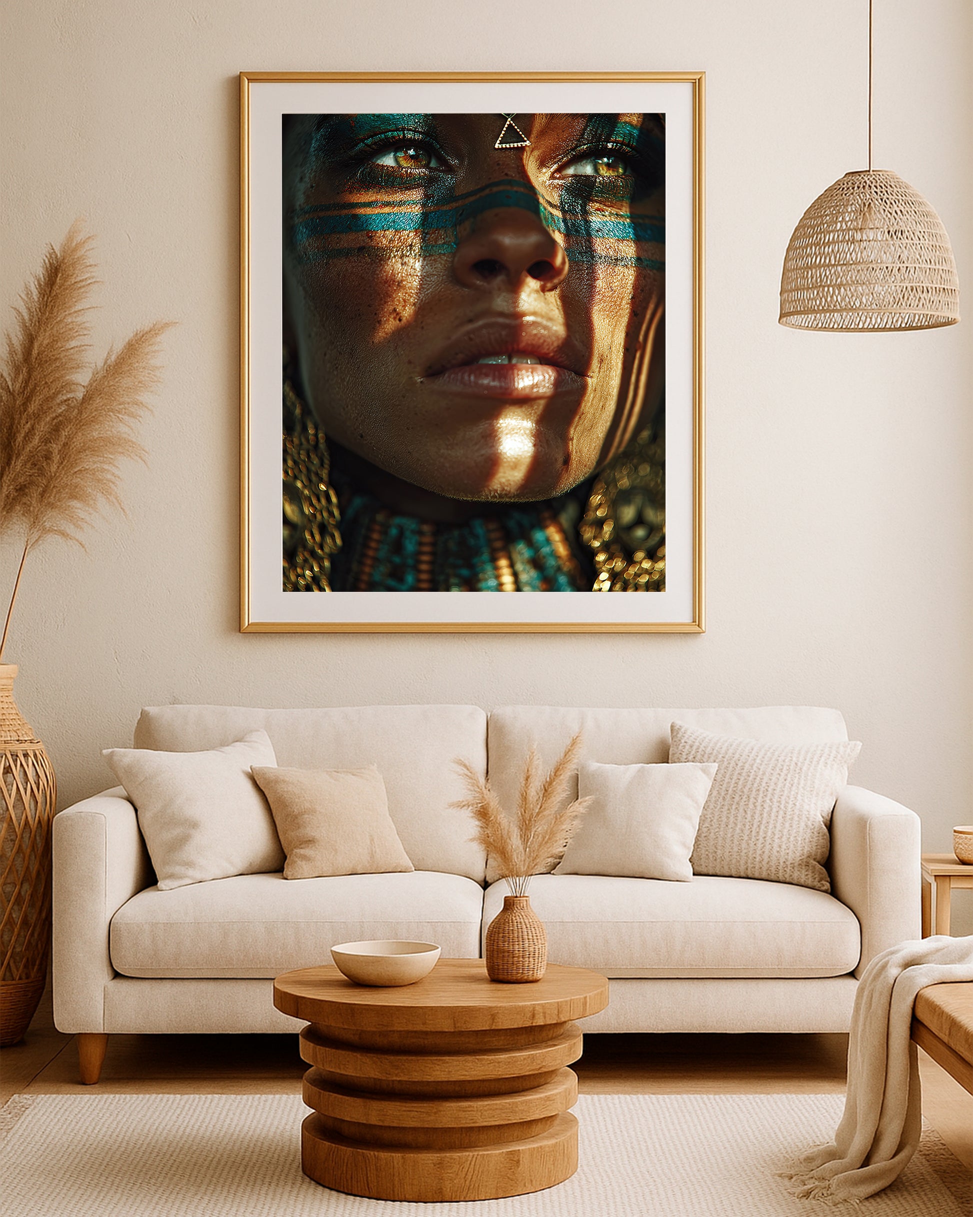 Teal and gold woman portrait print with expressive eyes, warm skin tones, and ornate jewelry details.