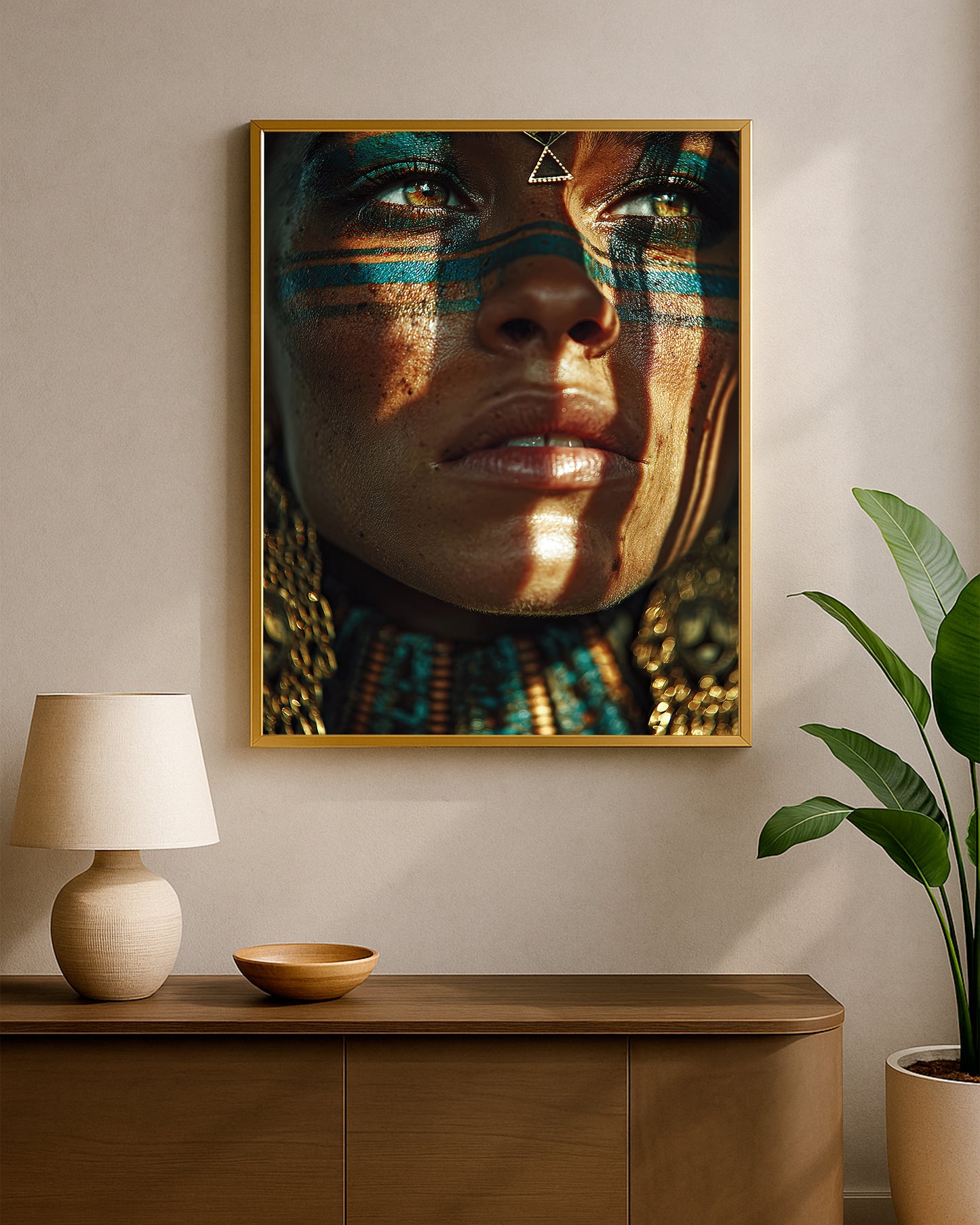 Close female face artwork with bold teal paint, golden adornments, and dramatic cinematic lighting.