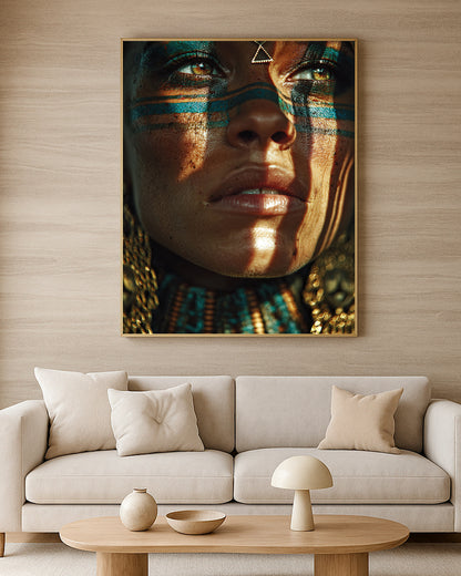 Refined portrait wall art showing a woman with teal face stripes, gold jewelry, and warm moody shadows.