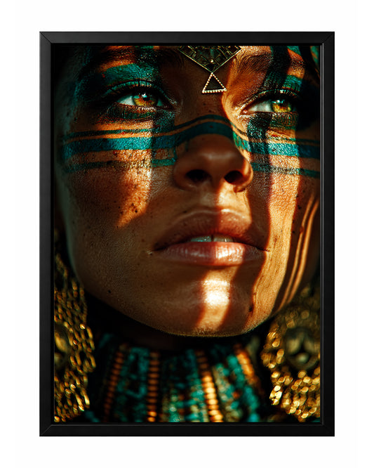 Close-up woman portrait wall art with teal face paint, gold jewelry, warm shadows, and intense eyes.