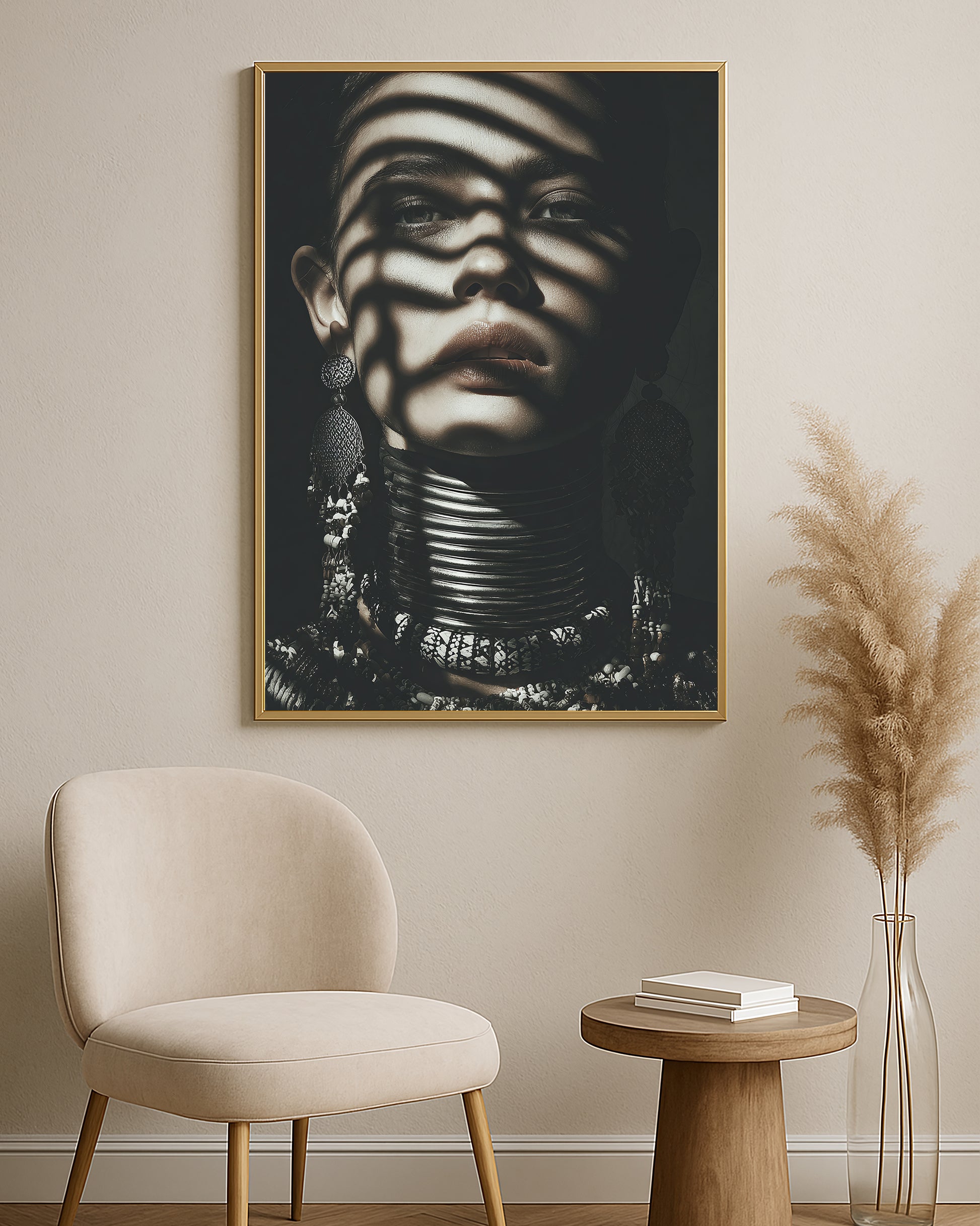 Dark female portrait artwork featuring dramatic facial shadows, metallic neck jewelry, and intense expression.