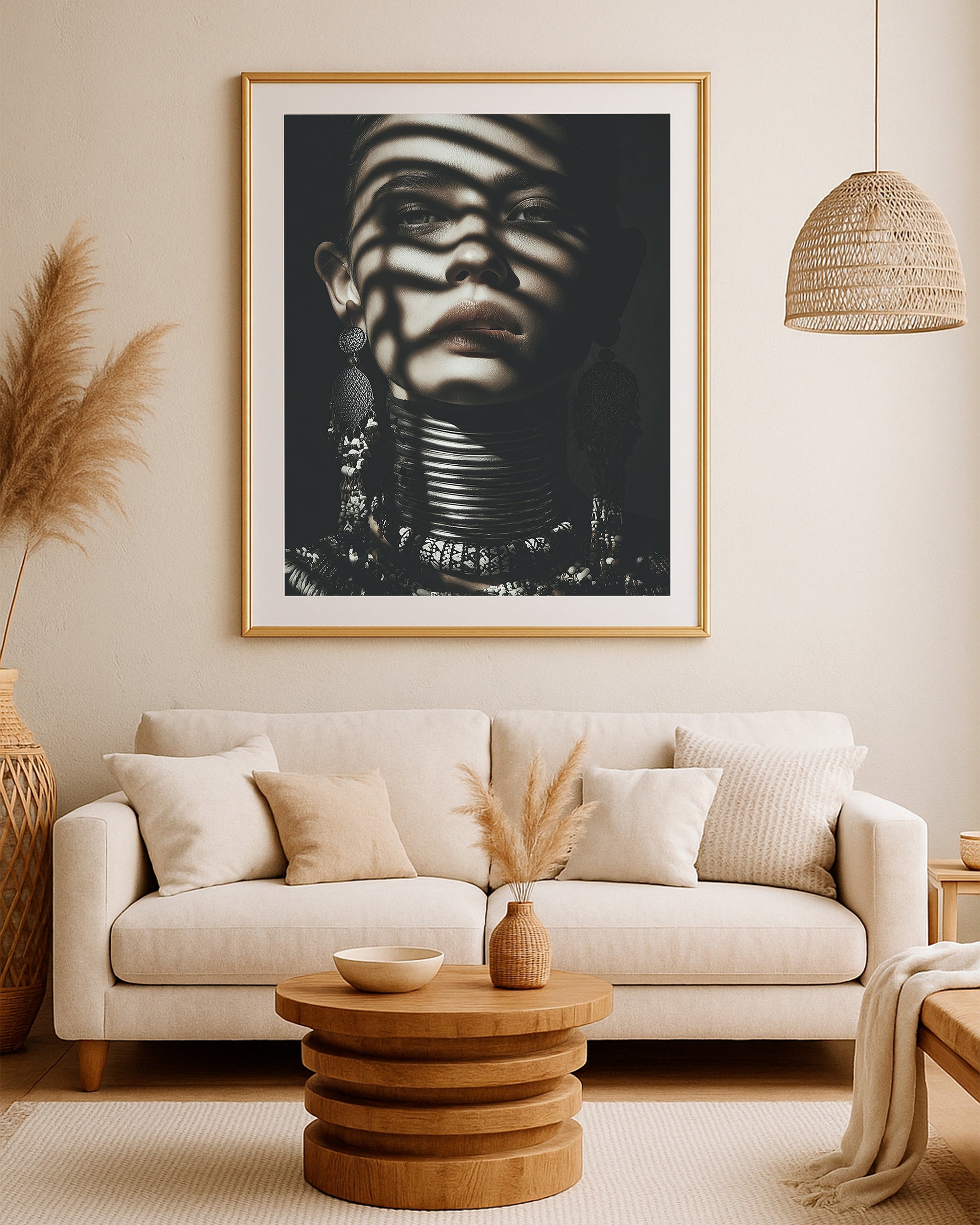 High-contrast woman portrait print with striped shadows, dark background, and detailed statement accessories.