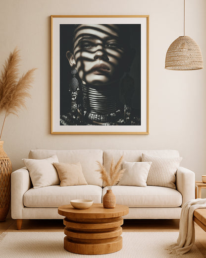 High-contrast woman portrait print with striped shadows, dark background, and detailed statement accessories.