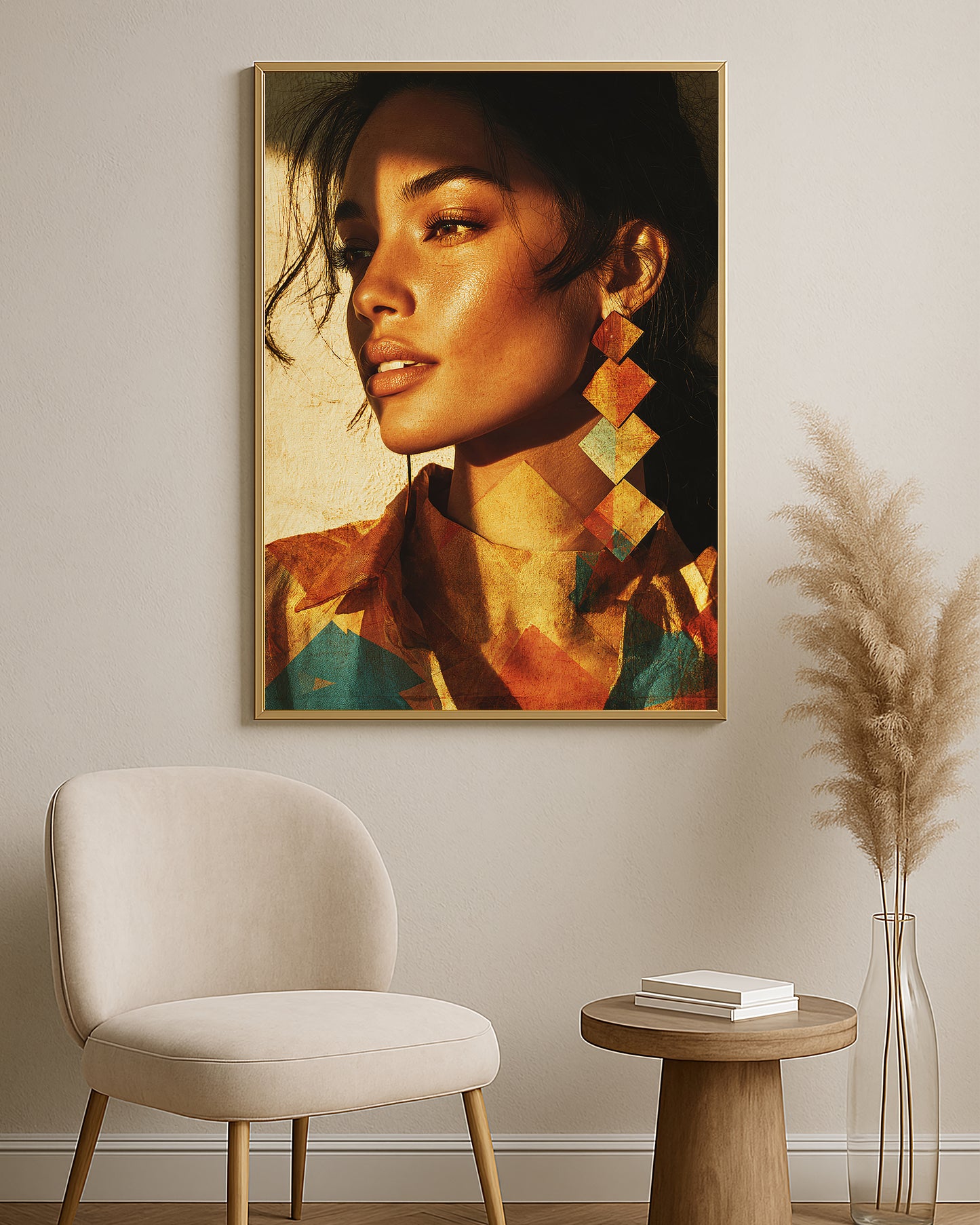 Editorial female portrait artwork featuring warm shadows, textured surface, bold earrings, and earthy geometric shapes.