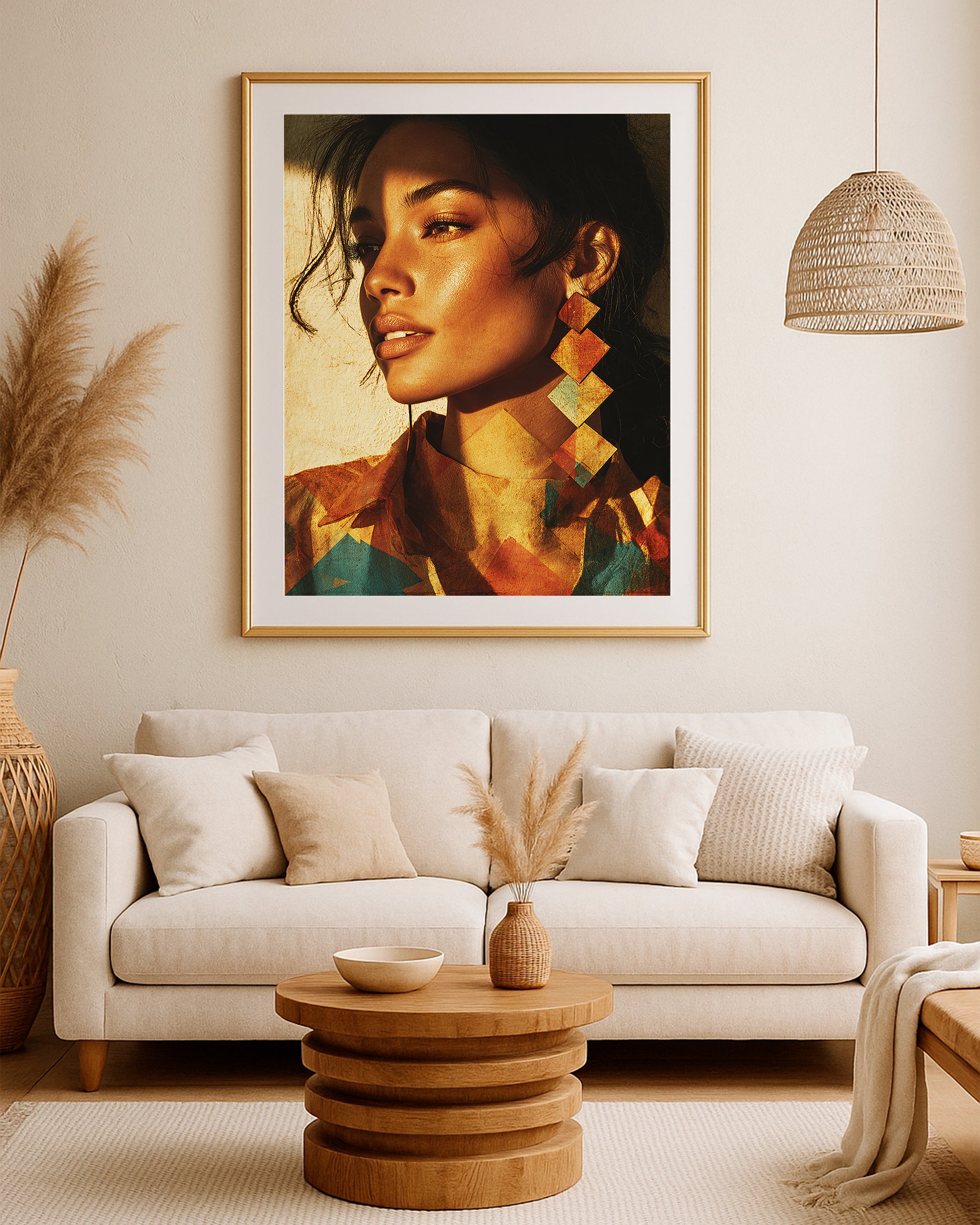 Close-up woman portrait print with terracotta, teal, and gold tones against a rich warm background.