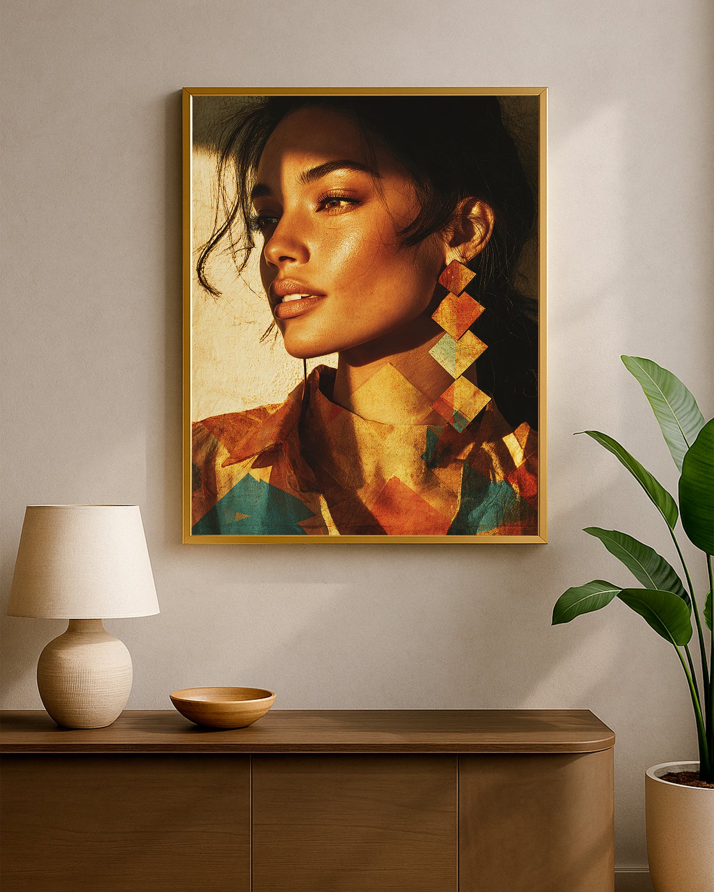 Modern geometric portrait wall art showing a woman with dramatic sunlight and layered patterned details.