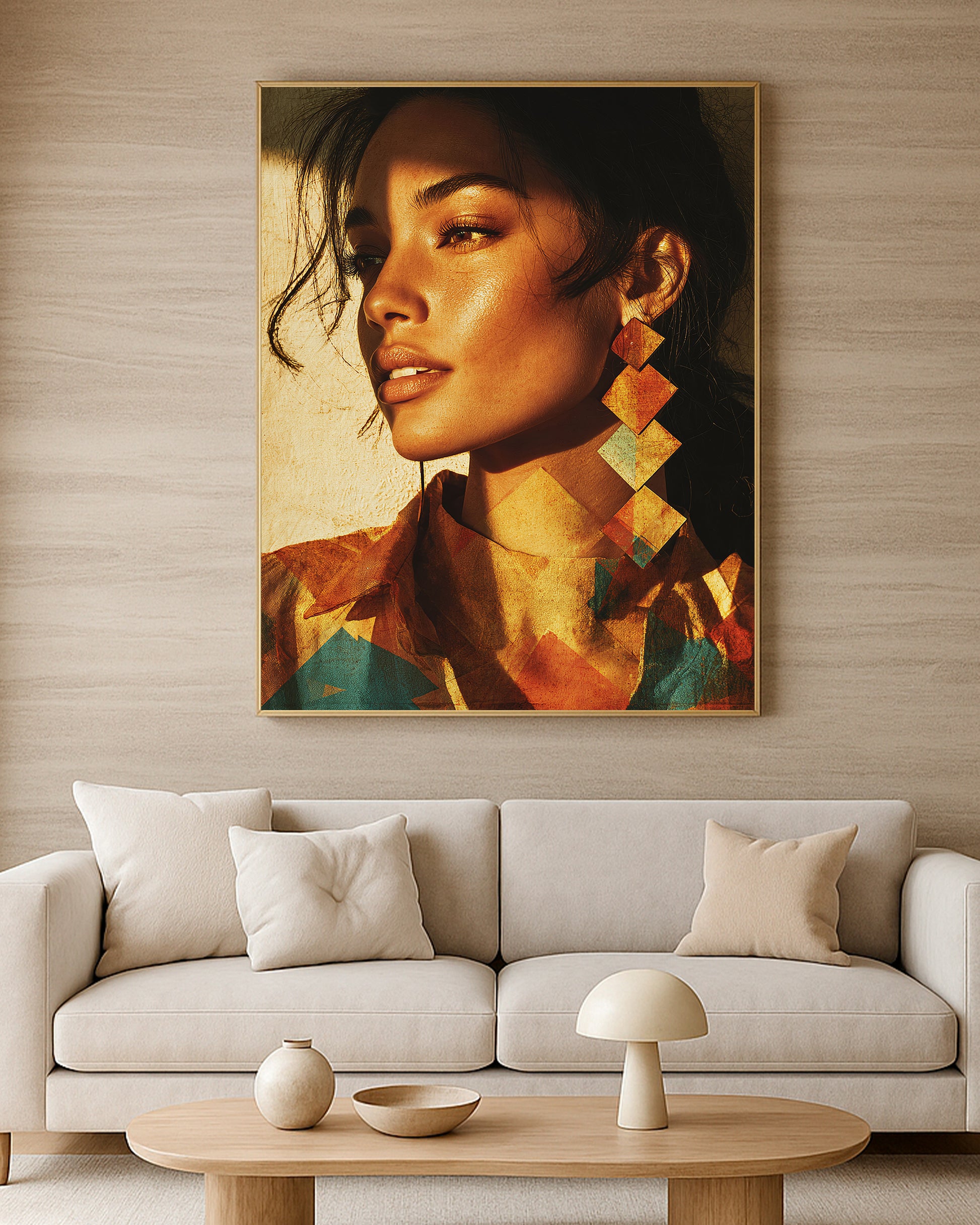 Warm refined portrait artwork with expressive eyes, dark hair, geometric jewelry, and earthy color blocks.