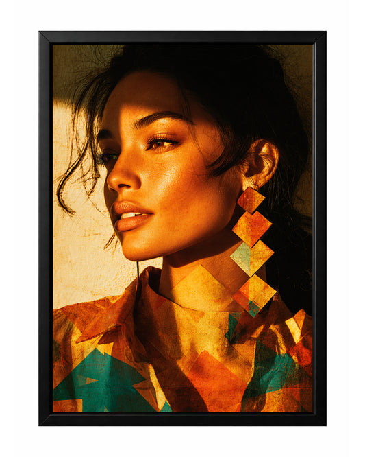 Warm woman portrait wall art with golden light, geometric earrings, terracotta clothing, and teal accents.