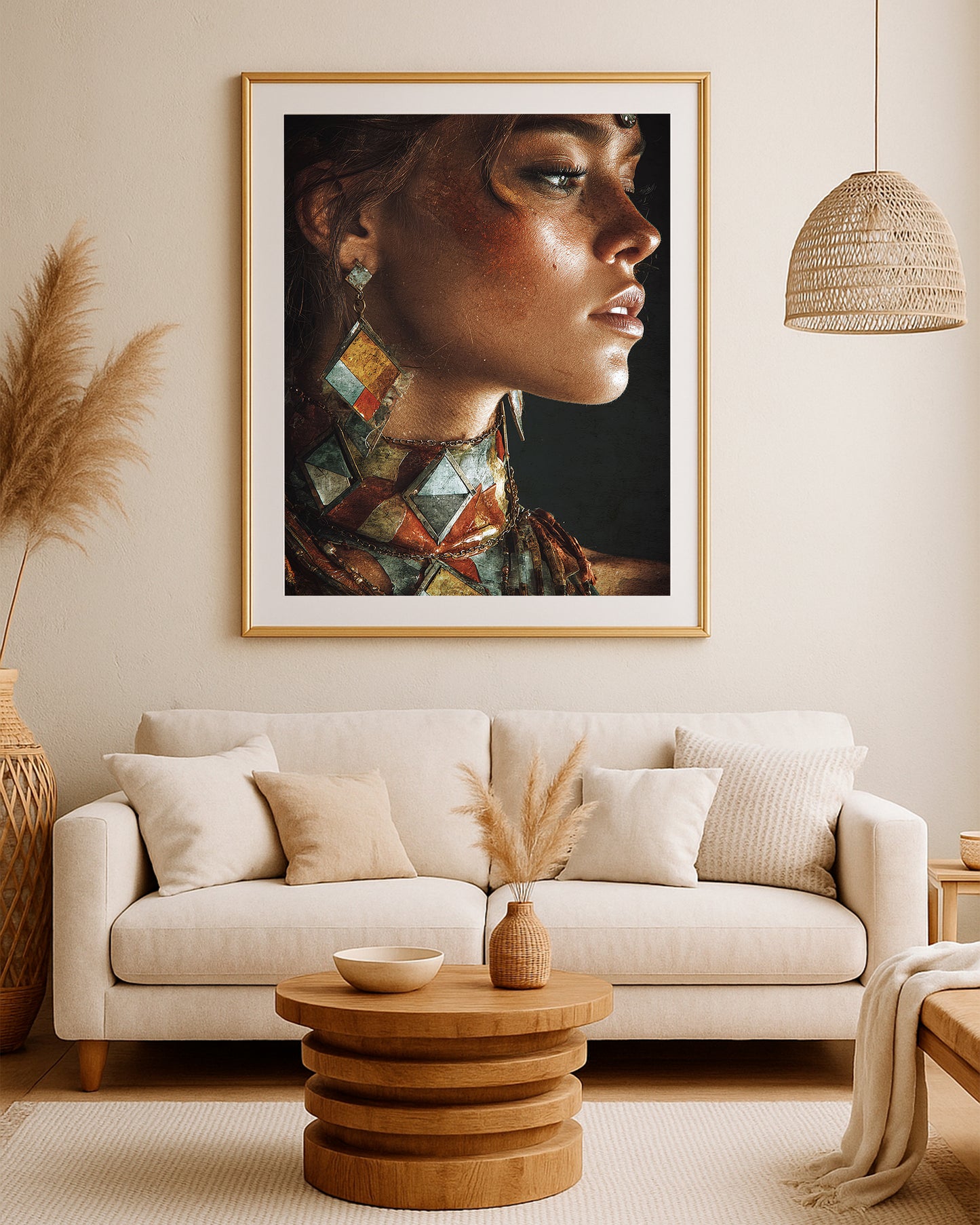 Modern portrait print showing a woman in profile with bold geometric accessories and warm dramatic shadows.