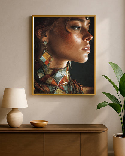 Editorial woman profile wall art with rich brown skin tones, terracotta details, teal jewelry, and refined contrast.